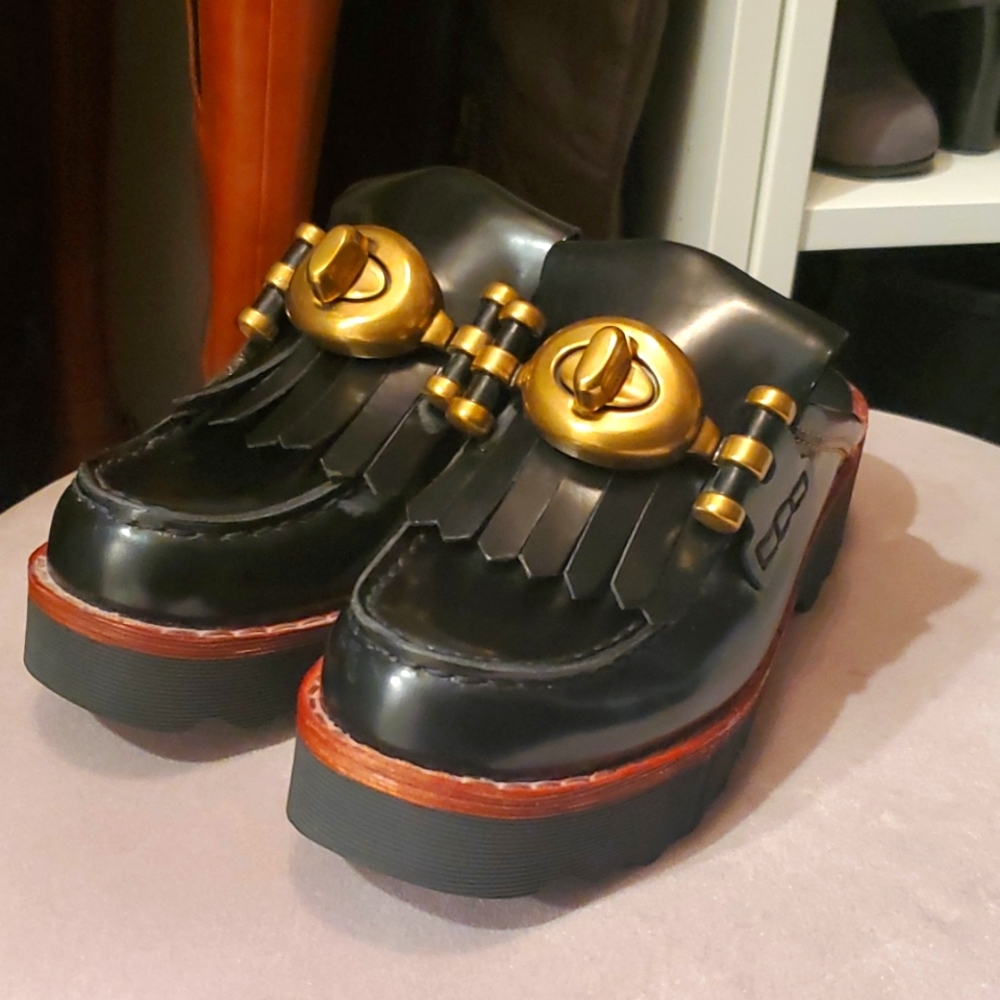 Coach black leather Turnlock Creeper Slide/Mules